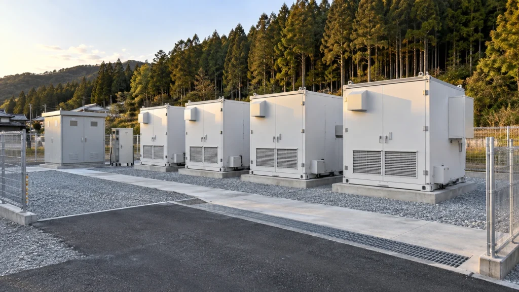 杉林の前に並ぶ系統用蓄電池の設置イメージ