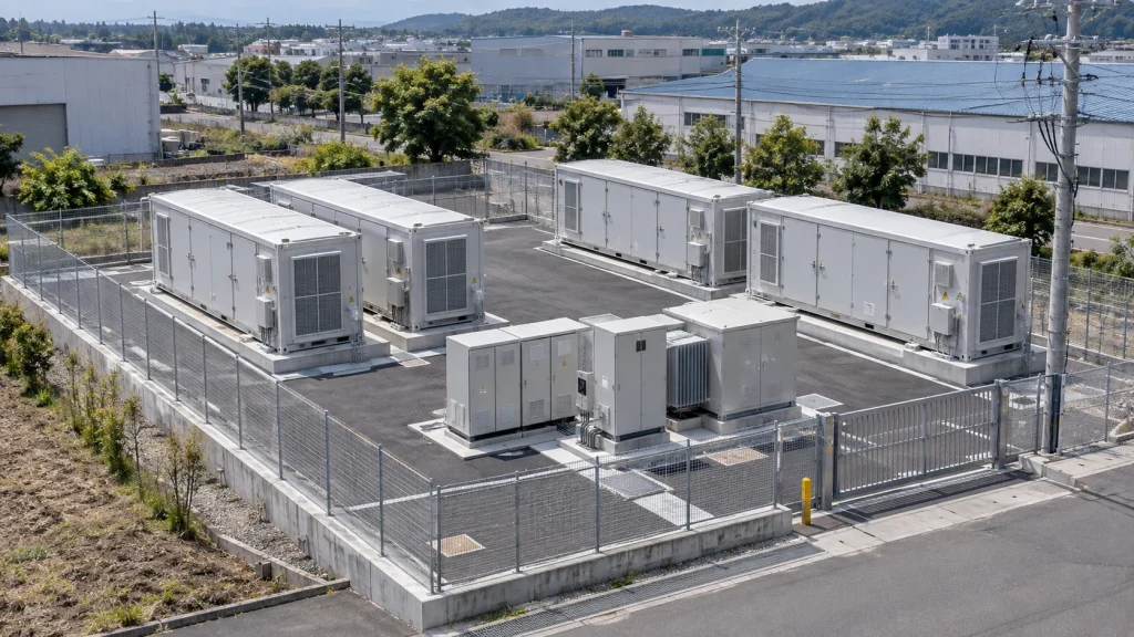 工業地帯のコンテナ型系統用蓄電池の設置イメージ（空撮）