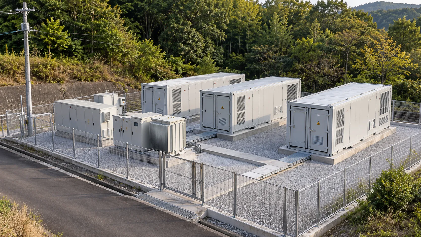 山林沿いのコンテナ型系統用蓄電池の設置イメージ